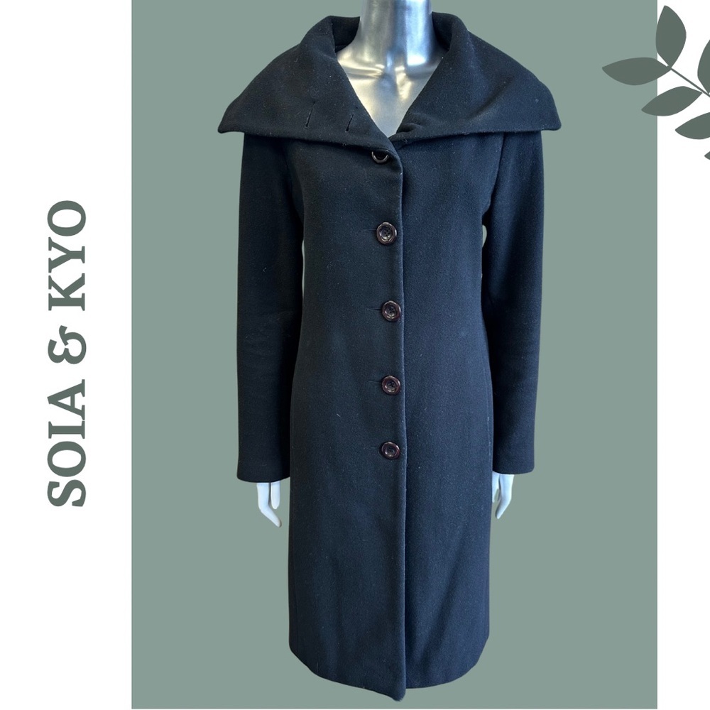 Soia & Kyo Black Wool Blend Slim Dress Coat Oversized Collar lined Size Medium